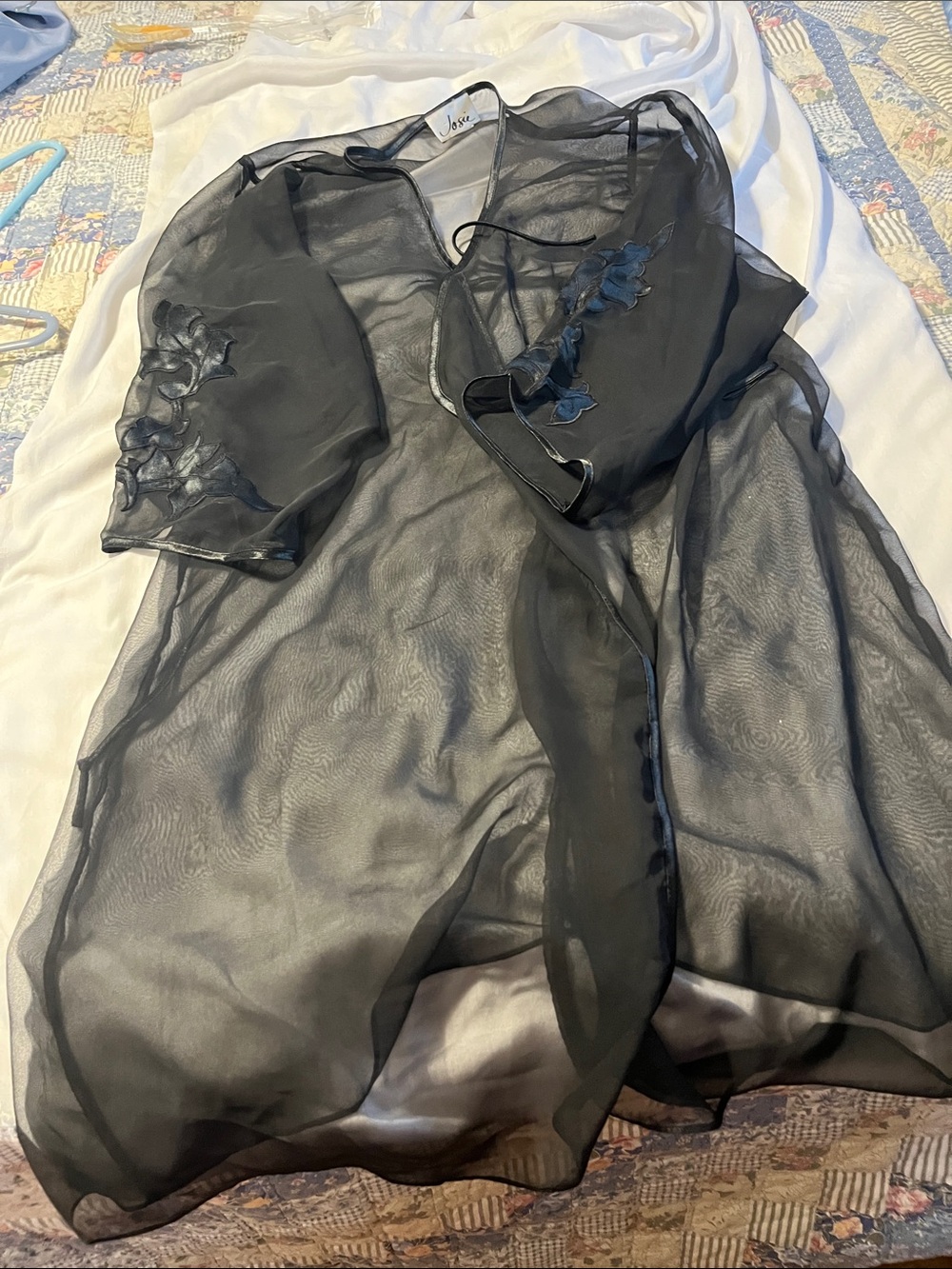 Sheer Black Organza Tunic with Floral Sleeve Appliqué